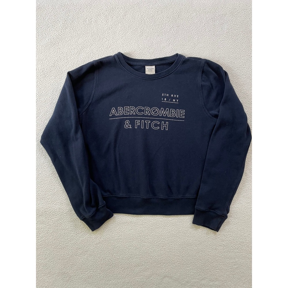 Abercrombie & Fitch Womens Large Cropped Sweatshirt Navy Blue Graphic Crewneck